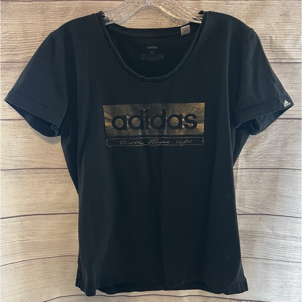 Adidas Women's Medium Black Graphic Logo‎ Tee Three Stripes Life Cotton